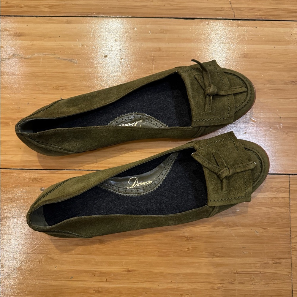 Brand New Delman Olive Green Suede Loafers Size 7